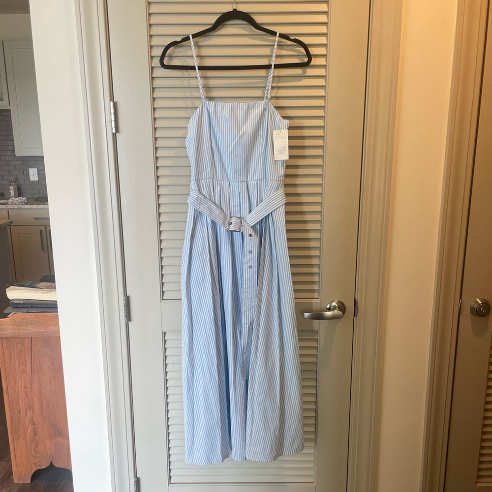 Blue Striped Sleeveless Dress with Belt